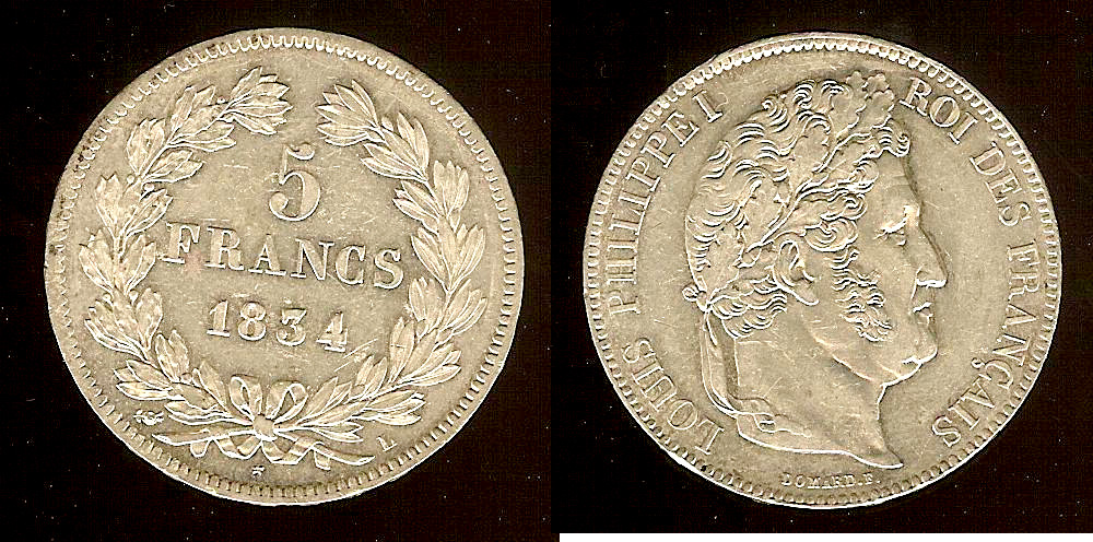 5 francs IIe type Domard 1834 Bayonne SPL-